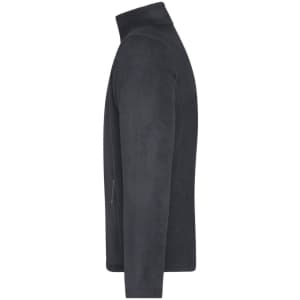 A men's polar fleece jacket in dark grey, featuring a high collar and a zippered pocket. It has branding on the jacket.
