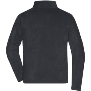 A men's fleece jacket in black, featuring a high collar and long sleeves, with a branding logo.