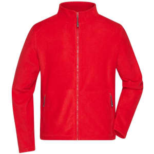 A red men's fleece jacket with a zip front and pockets, featuring a logo on the chest area.