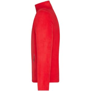 A red polar fleece jacket with a high collar and zippered side pocket, featuring a logo on the chest.