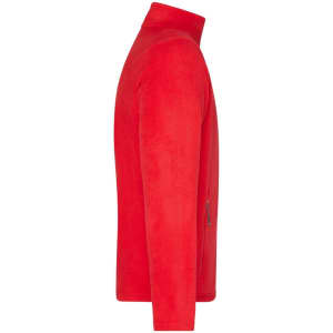 A red men's fleece jacket with a side zipper and a high collar. It features a logo on the front.