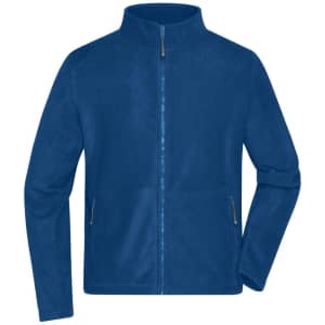 A blue men's fleece jacket featuring a full zip and two side pockets, with a simple design and collar.