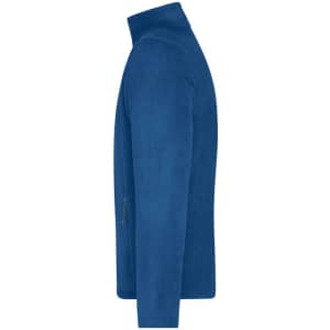 A blue men's fleece jacket with a high collar and a side zip pocket. It has a simple design and features a logo.