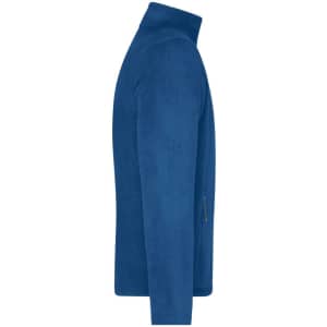 A blue men's fleece jacket featuring a zippered pocket and a high collar. It has a logo on the side.