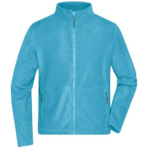 A men's polar fleece jacket in a bright turquoise colour, featuring a zip front and pockets.
