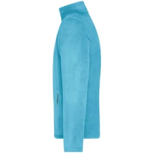 A blue men's fleece jacket with a high collar and a zippered pocket on the side. It features a logo.