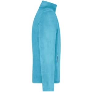 A men's fleece jacket in bright blue, featuring a full zip and a side pocket, with a branding logo.
