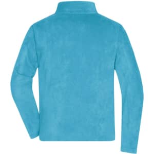 A polar fleece jacket in a vibrant blue colour, featuring a soft texture and a collar, with a logo on the back.