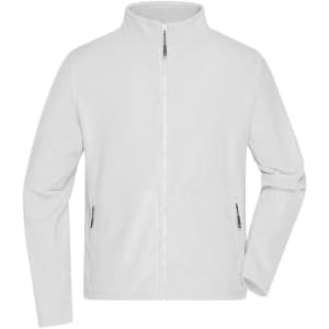A white polar fleece jacket with a full zip and two zippered pockets, featuring a logo on the chest.