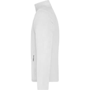 A men's fleece jacket in white, featuring a zippered pocket and a sleek, modern design. Logos present.