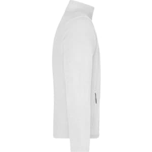 A men's fleece jacket in white with a side zip pocket and a high collar. It features a logo on the front.