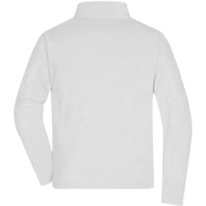 A white men's fleece jacket featuring a high collar and long sleeves, with a logo on the back.