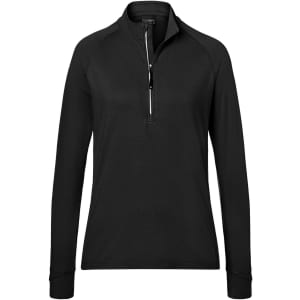 A black ladies' sports shirt with a half-zip collar and long sleeves, featuring a small logo.