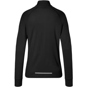 A black ladies' sports shirt with a half-zip and long sleeves, featuring a logo on the back.