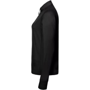 A black ladies sports shirt with a half zip design, featuring long sleeves and a sleek silhouette.