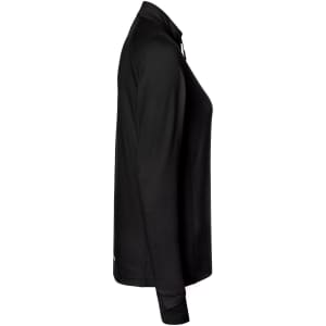 A black ladies' sports shirt with a half zip, featuring long sleeves and a fitted design. It has a logo on the front.