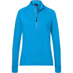 A ladies' half-zip sports shirt in bright turquoise, featuring long sleeves and a zippered collar. It has a logo.
