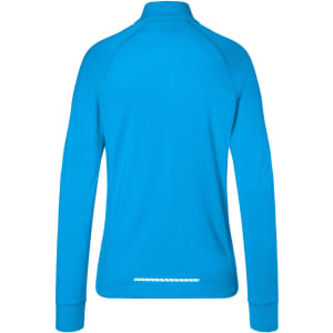 A blue ladies sports shirt with a half-zip, featuring long sleeves and a sleek design, has a logo on the back.