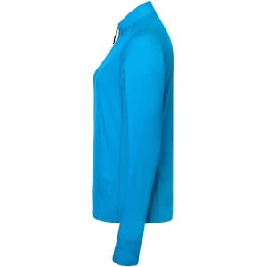 A bright blue ladies' sports shirt with a half-zip collar and long sleeves, featuring a logo.