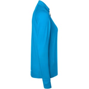 A vibrant blue ladies sports shirt with a half-zip design and long sleeves, featuring a subtle logo.