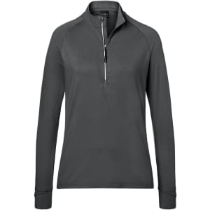 A ladies' sports shirt in dark grey with a half-zip closure and long sleeves. Features a logo on the front.