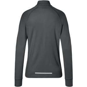 A grey ladies sports shirt with a half-zip design and long sleeves, featuring a back view and a logo.