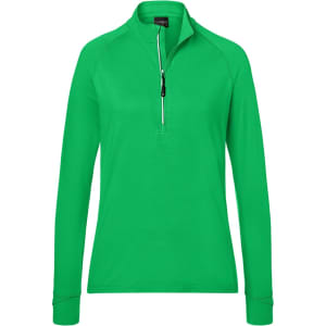 A green half-zip ladies' sports shirt with long sleeves and a zippered collar. It features a logo on the front.