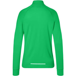 A green ladies sports shirt with a half-zip and long sleeves, featuring a rear reflective detail.