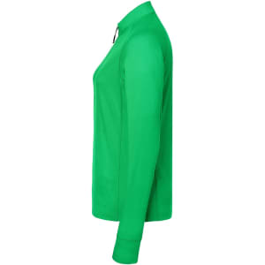 A side view of a women's sports shirt in bright green, featuring a half-zip design and long sleeves.
