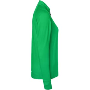 A green ladies’ sports shirt with a half zip and long sleeves, featuring a logo.