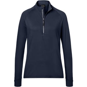 A navy half-zip long-sleeve shirt for ladies, featuring a zippered neckline and a logo.