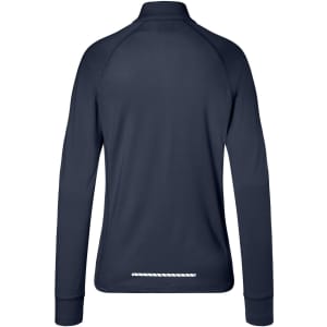 A navy ladies sports shirt with a half-zip design and long sleeves, featuring a logo on the back.