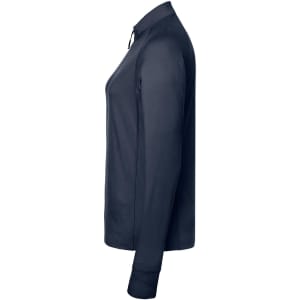 A navy ladies sports shirt with a half-zip design and long sleeves, featuring a logo.