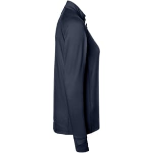 A navy ladies sports shirt with a half-zip design and long sleeves. Features a logo on the chest.