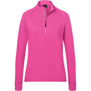 A pink ladies sports shirt featuring a half-zip collar and long sleeves, with a logo on the chest.