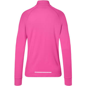 A pink ladies sports shirt with a half-zip design and long sleeves, featuring a logo.