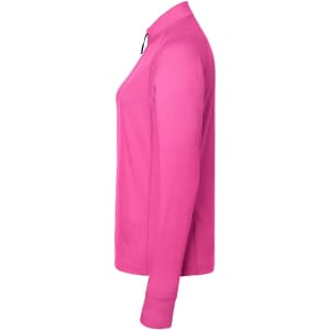 A pink half-zip sports shirt for women, featuring long sleeves and a sleek design. Contains a logo.