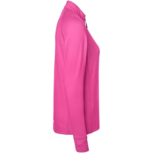 A pink ladies sports shirt with a half-zip front and long sleeves. It features a logo on the side.
