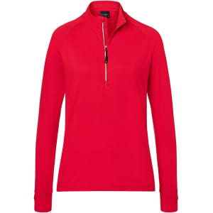 A red ladies' sports shirt with a half zip and long sleeves, featuring a branding logo.