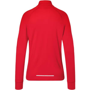 A red half-zip sports shirt for ladies, featuring long sleeves and a neck collar. It has a logo and reflective detailing.