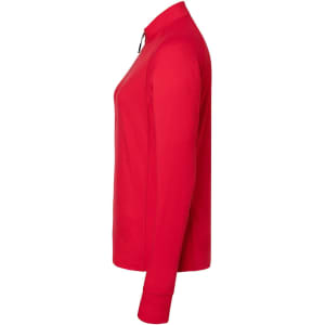 A red ladies sports shirt with a half-zip design and long sleeves, featuring a logo on the chest area.
