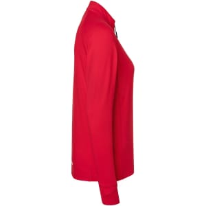 A red ladies sports shirt with a half-zip design and long sleeves, featuring a logo on the side.