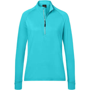 A turquoise ladies sports shirt featuring a half-zip design and long sleeves. It has a logo on the chest.