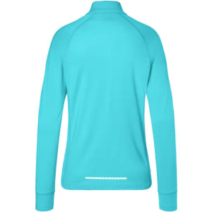 A turquoise ladies' sports shirt features a half-zip and long sleeves, with a logo on the back.