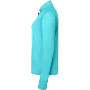 A turquoise ladies sports shirt with a half-zip, featuring long sleeves and a simple design. It has a branding logo.