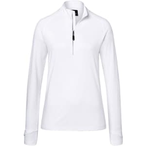 A white ladies sports shirt with a half zip and long sleeves. It features a logo on the chest.