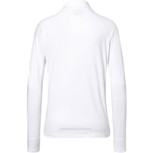 A white ladies sports shirt with a half-zip and long sleeves, featuring a logo on the back.