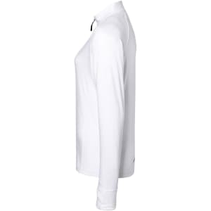 A white ladies' sports shirt with a half zip and long sleeves, featuring a logo on the side.