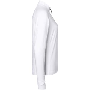 A white ladies' sports shirt featuring a half zip and long sleeves, with an accompanying logo.