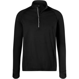 A men's half-zip sports shirt in black, featuring long sleeves and a branded logo.